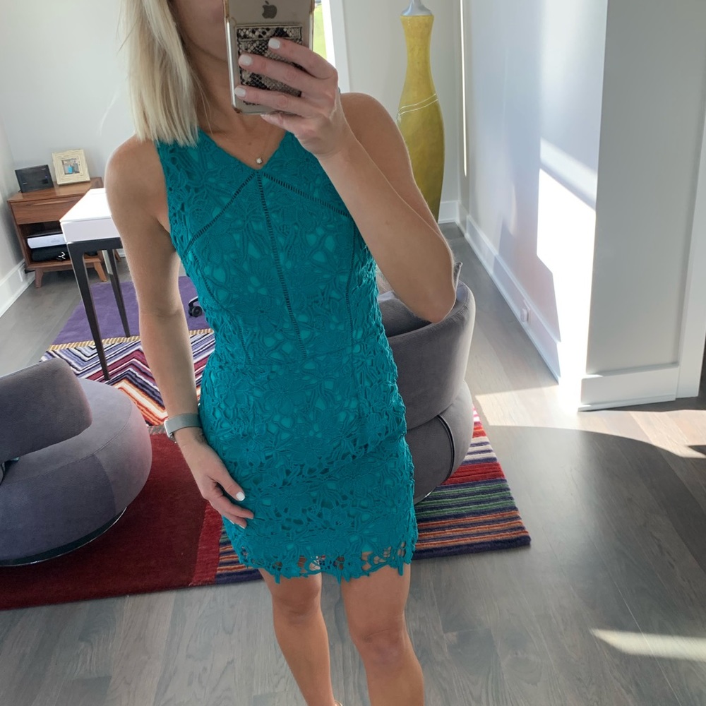 Greylin turquoise lace overlay wedding party dress